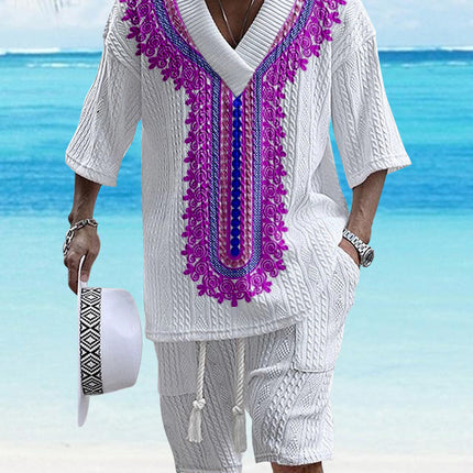 Printed Drop-shoulder Men's Knitted Short-sleeved Shorts Suit
