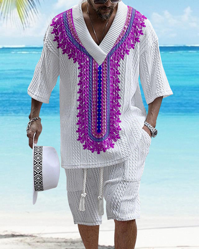 Printed Drop-shoulder Men's Knitted Short-sleeved Shorts Suit