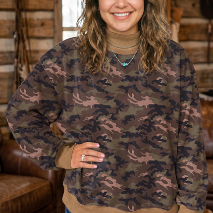 Green Camouflage Print High Neck Long Sleeve Oversized Shift Silhouette Tunic Length Plus Size Sweatshirt