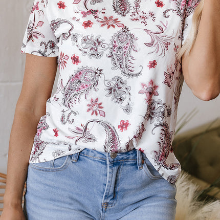 White Vintage Paisley Mock Neck T Shirt