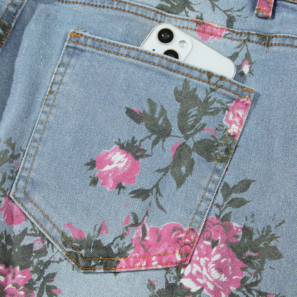 Sky Blue Plus Size Floral Print Ankle Length Loose Jeans
