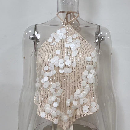 Sequin Halter Deep V-neck Backless Top
