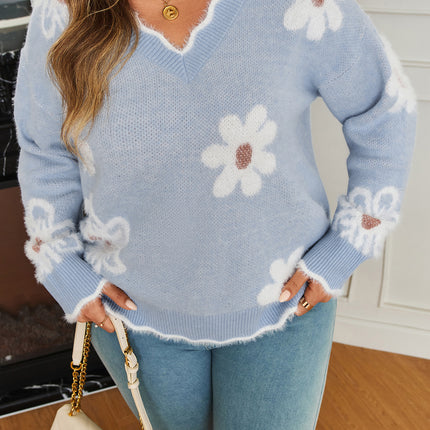 Gray Fuzzy Flower Scalloped V Neck Plus Sweater