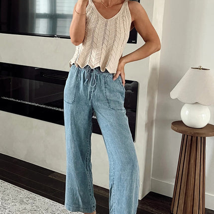 Myosotis Mineral Wash Drawstring Elastic Waistband Loose Straight Denim Pants