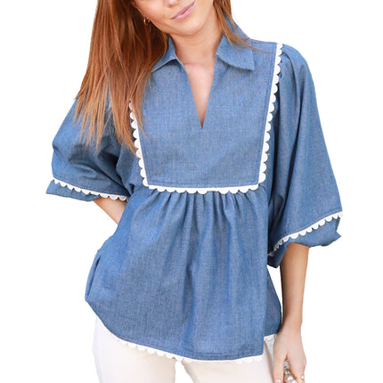 Dusk Blue Lace Ric Rac 3/4 Puff Sleeve Collared Babydoll Blouse
