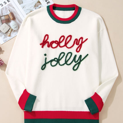 White Tinsel holly jolly Pattern Colorblock Edge Drop Shoulder Plus Size Sweater