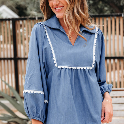 Dusk Blue Lace Ric Rac 3/4 Puff Sleeve Collared Babydoll Blouse