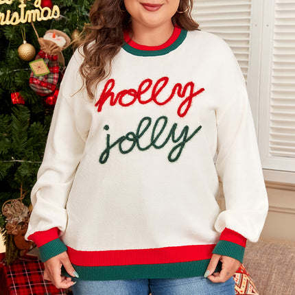 White Tinsel holly jolly Pattern Colorblock Edge Drop Shoulder Plus Size Sweater