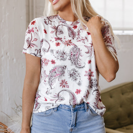 White Vintage Paisley Mock Neck T Shirt