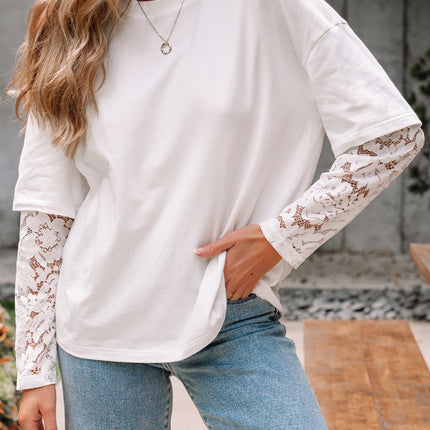 White Lace Long Sleeve Insert Drop Shoulder Tee