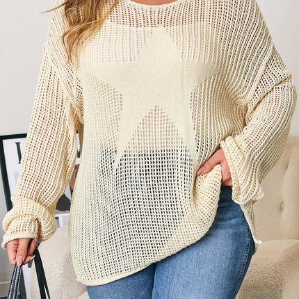 Parchment Hollow Out Knit Star Pattern Accent Plus Size Jumper