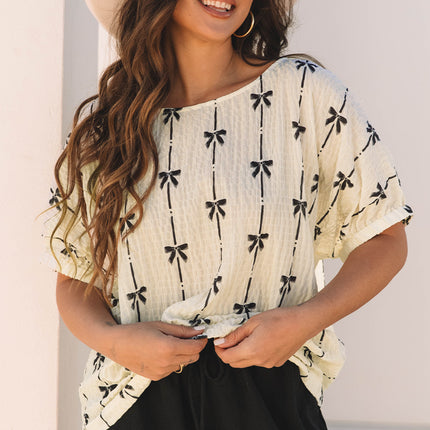 Beige Bow Print Puff Short Sleeve Top