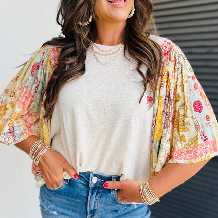 Beige Floral Patchwork Half Batwing Sleeve Blouse