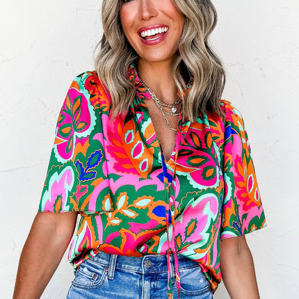 Rose Summer Plant Print Lace up V Neck Short Sleeve Blouse
