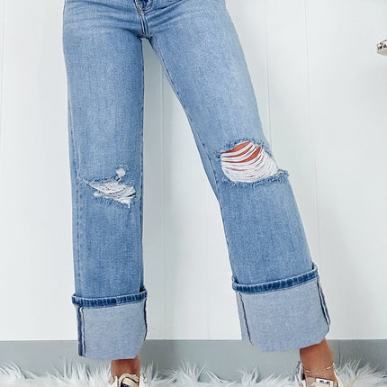 Dusk Blue High Rise Asymmetric Button Zip Fly Ripped Jeans