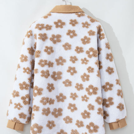 Light French Beige Cute Flower Pattern Button Up Fleece Jacket
