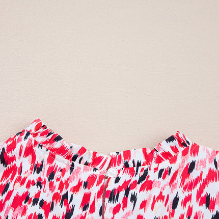 Red Floral Mixed Print Ruffle Cap Sleeve Blouse