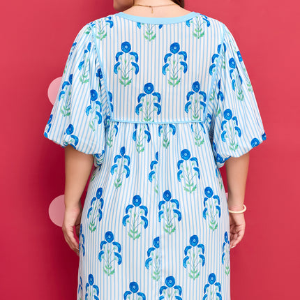 Sky Blue Floral Striped Bubble Short Sleeve Plus Size Dress