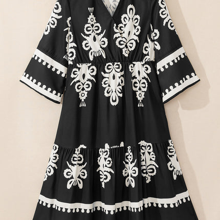 Black Western Geometric Print 3/4 Sleeve Loose Midi Dress