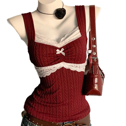 Womens Lace-trimmed Bow-decorated Vest-style Waistcoat Slim-fit Outerwear Top