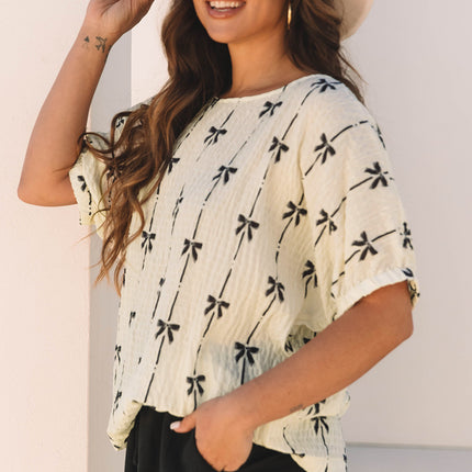 Beige Bow Print Puff Short Sleeve Top