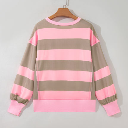 Pink Stripe Raw Seam Patchwork Drop Shoulder Plus Size Sweatshirt