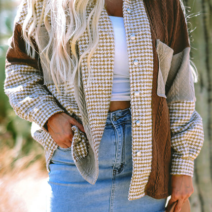 Khaki Houndstooth Color Contrast Textured Patchwork Loose Shacket