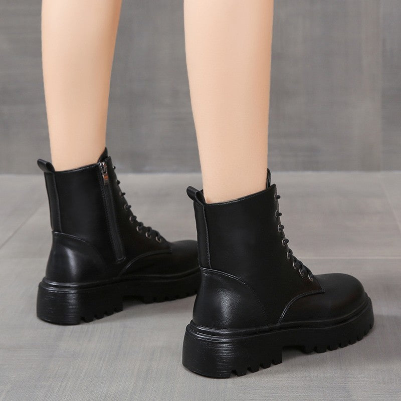 British Style Boots With Chunky Heels Women's Platform Lace-up