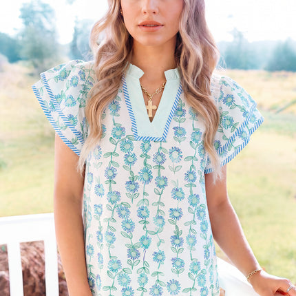 Green Floral Print Striped Detail Contrast V Neck Patchwork Flutter Sleeve Blouse