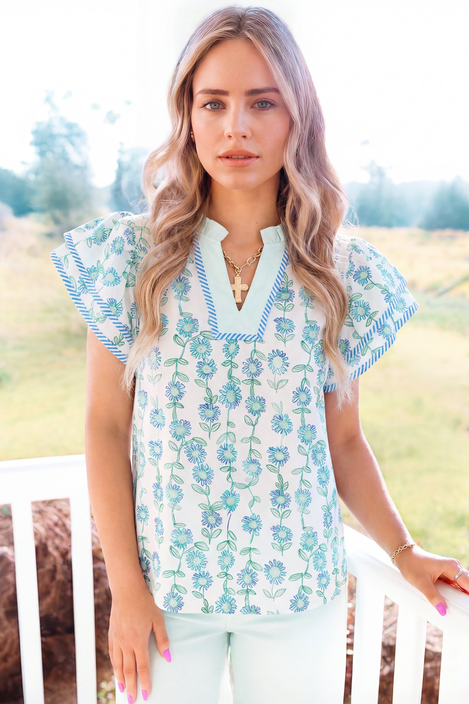 Green Floral Print Striped Detail Contrast V Neck Patchwork Flutter Sleeve Blouse