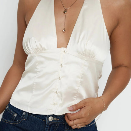 Solid-color Sexy Spaghetti-strap V-neck Halterneck Backless Cinched-waist Womens Outfit