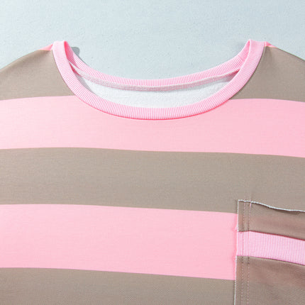 Pink Stripe Raw Seam Patchwork Drop Shoulder Plus Size Sweatshirt