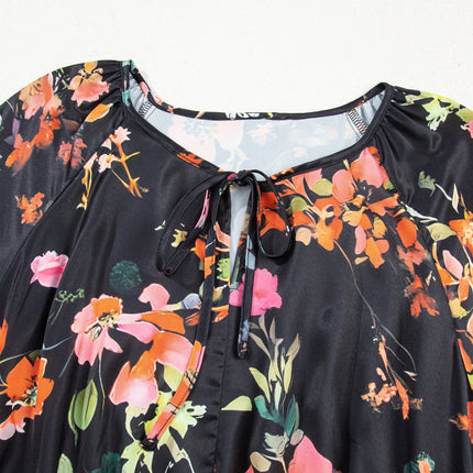 Black Plus Size Floral Print Tie Neck Cinched Waist Long Sleeve Mini Dress