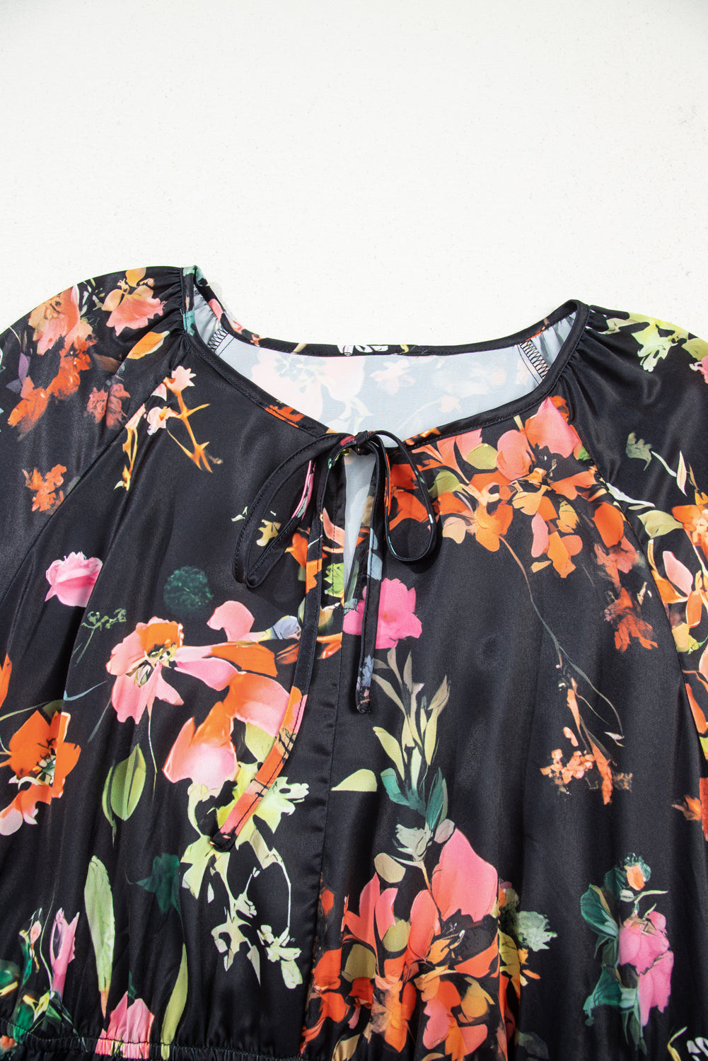 Black Plus Size Floral Print Tie Neck Cinched Waist Long Sleeve Mini Dress
