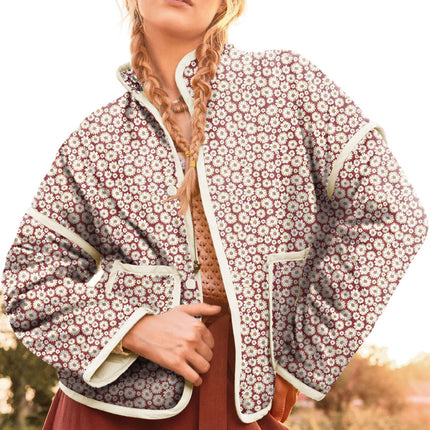 Pink Floral Print Contrast Edge Pocketed Stand Neck Jacket