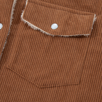 Cinnamon Fleece Lined Buttoned Flap Pockets Corduroy Jacket