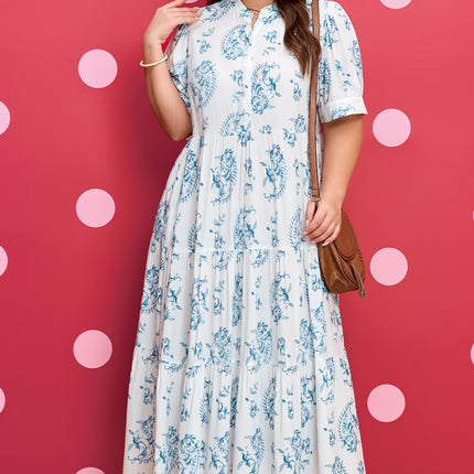 Sky Blue Plus Size Geometric Floral Print Button Split Neck Short Sleeve Maxi Dress