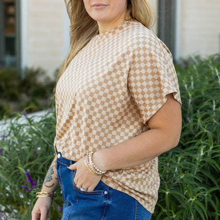 Khaki Checkerboard Short Batwing Sleeve Round Neck Plus Size T Shirt