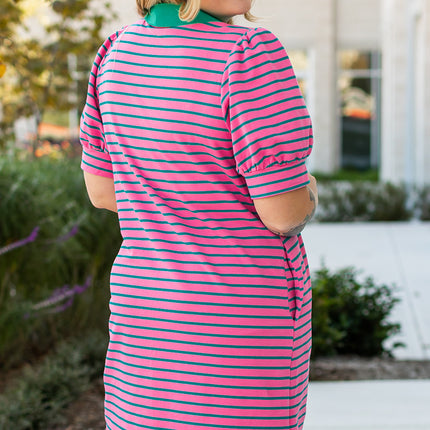 Rose Stripe Collared V Neck Puff Sleeve Shift T Shirt Dress with Pockets