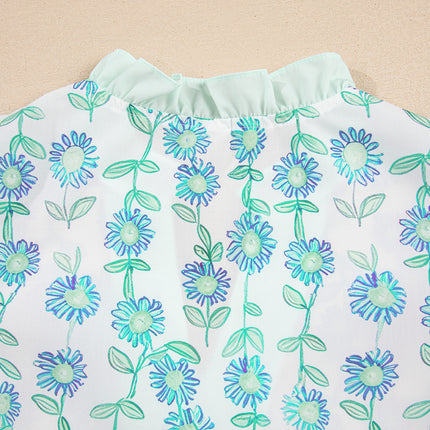 Green Floral Print Striped Detail Contrast V Neck Patchwork Flutter Sleeve Blouse