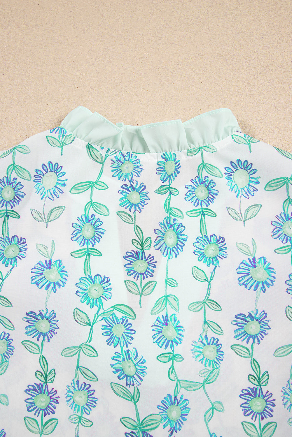 Green Floral Print Striped Detail Contrast V Neck Patchwork Flutter Sleeve Blouse