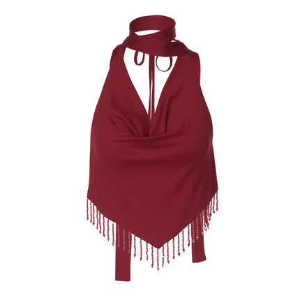Lace Up Back Hollow Out Design Statement Tassel Camisole For Women