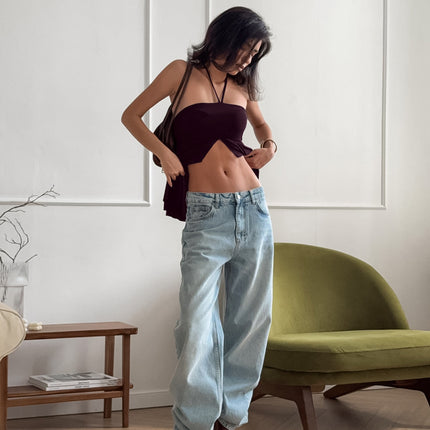 Sexy Retro Brown Halterneck Suspender Slit Camisole