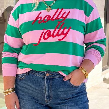 Green Stripe Festive Holly Jolly Printed Casual Plus Size Sweatshirt