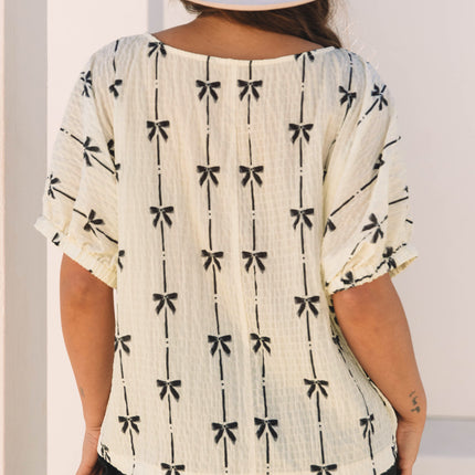 Beige Bow Print Puff Short Sleeve Top