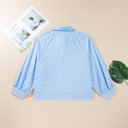 Sky Blue Polka Dot V Neck Metal Button Long Sleeve Shift Plus Size Sweatshirt