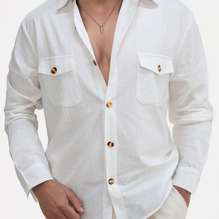 Casual Loose V-neck Solid Color Top Button Chest Pocket Shirt