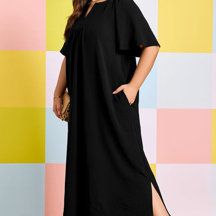 Black Plus Size Solid Color Notched Neck Short Sleeve Loose Dress
