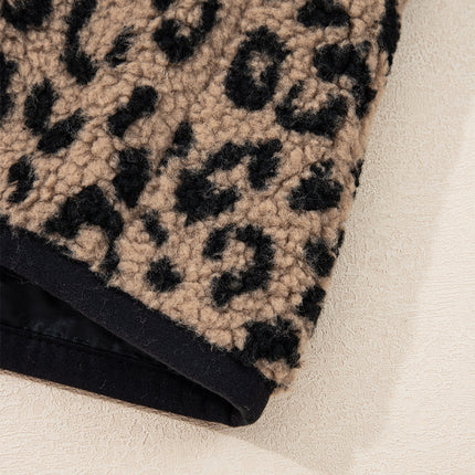 Khaki Leopard Print Zip Up Stand Neck Side Pocket Jacket