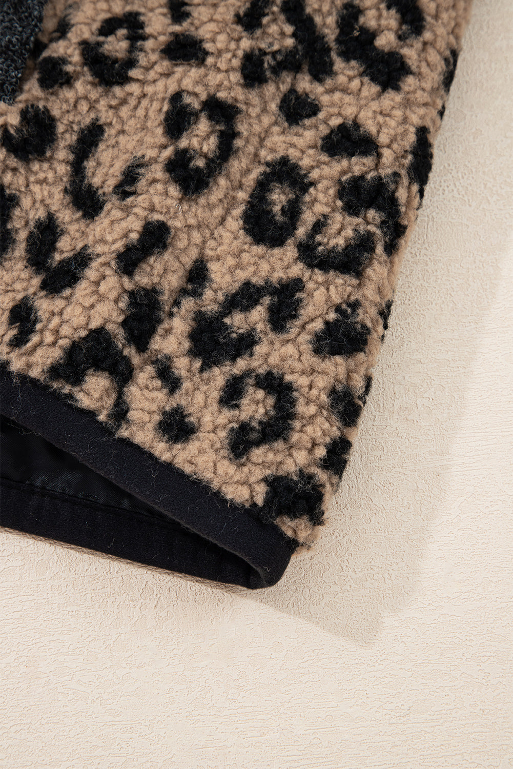 Khaki Leopard Print Zip Up Stand Neck Side Pocket Jacket